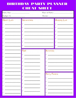 Planner Cheat Sheet - Birthday Party Purple